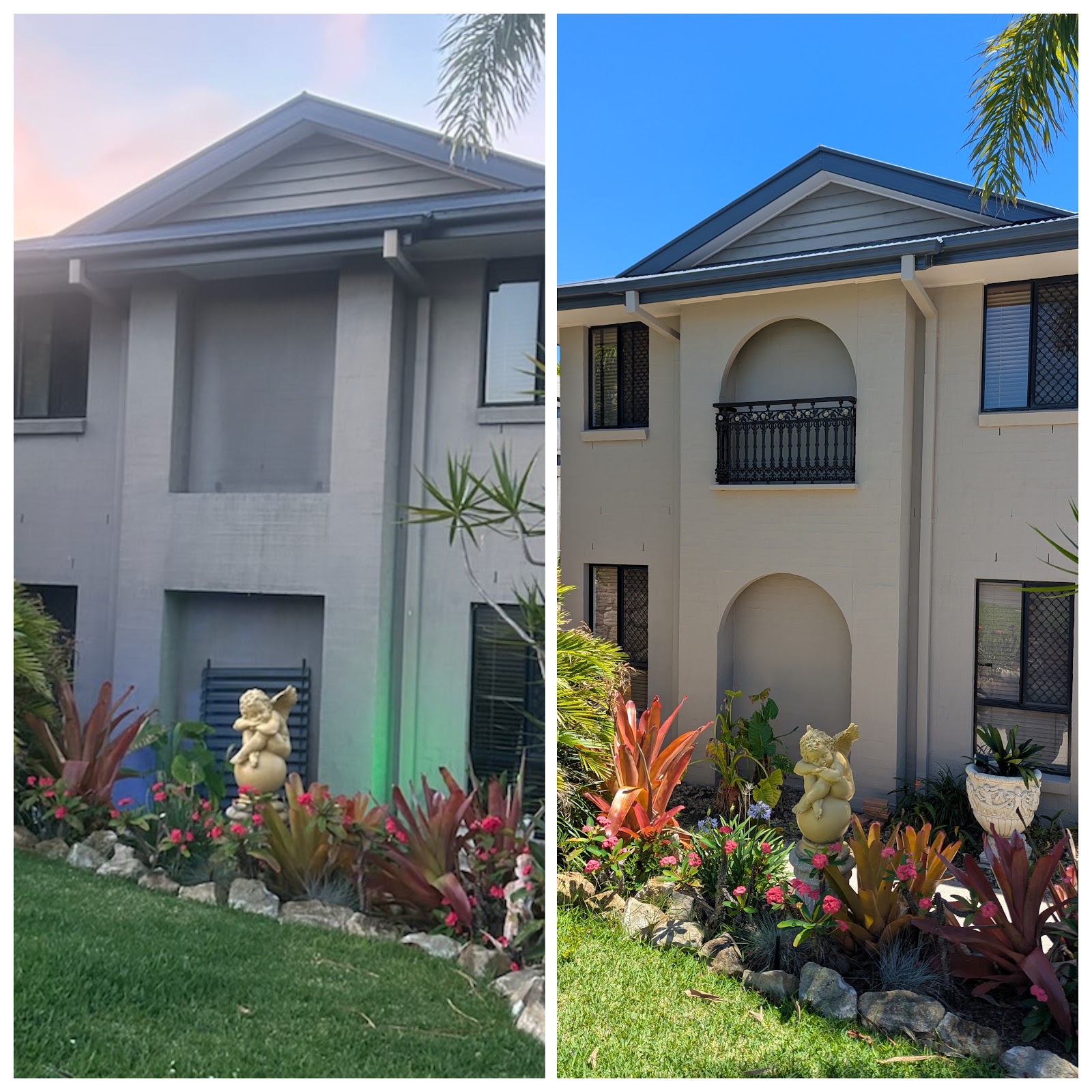 The same two-storey house exterior shown side by side, in grey and in cream, with the garden bed in front