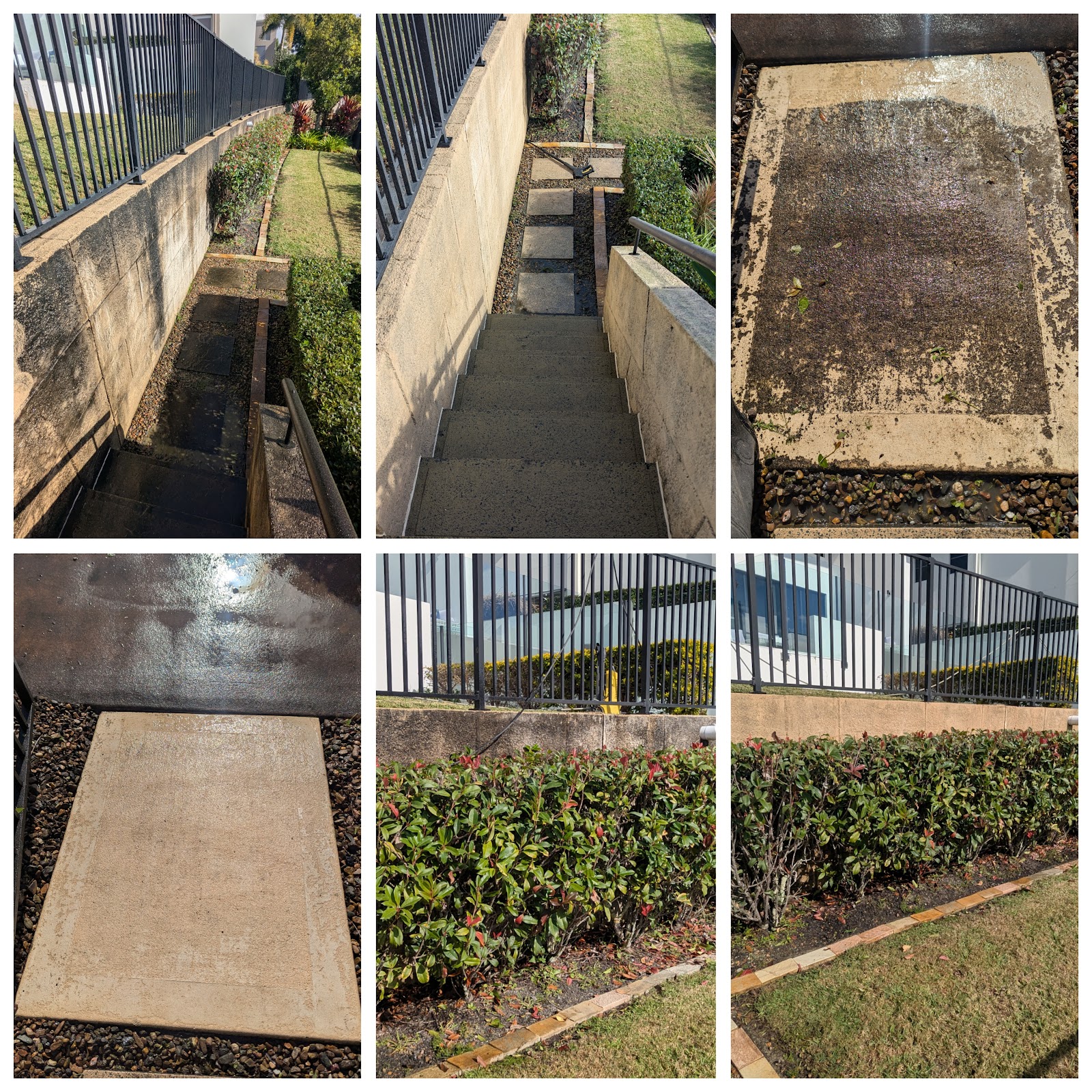 Six panels of paths, stairs, a concrete slab and a hedge line before and after pressure washing